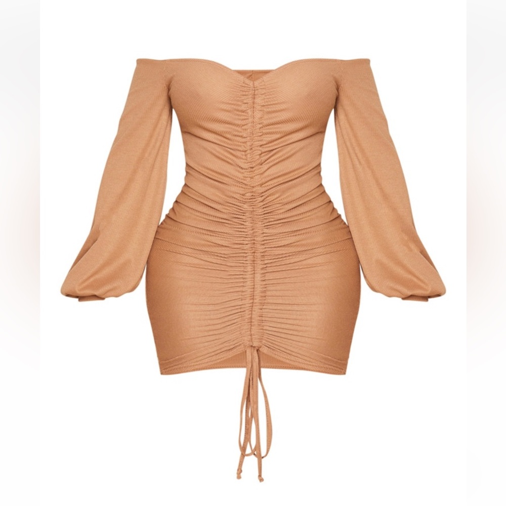 CAMEL RIBED RUCHED DRESS